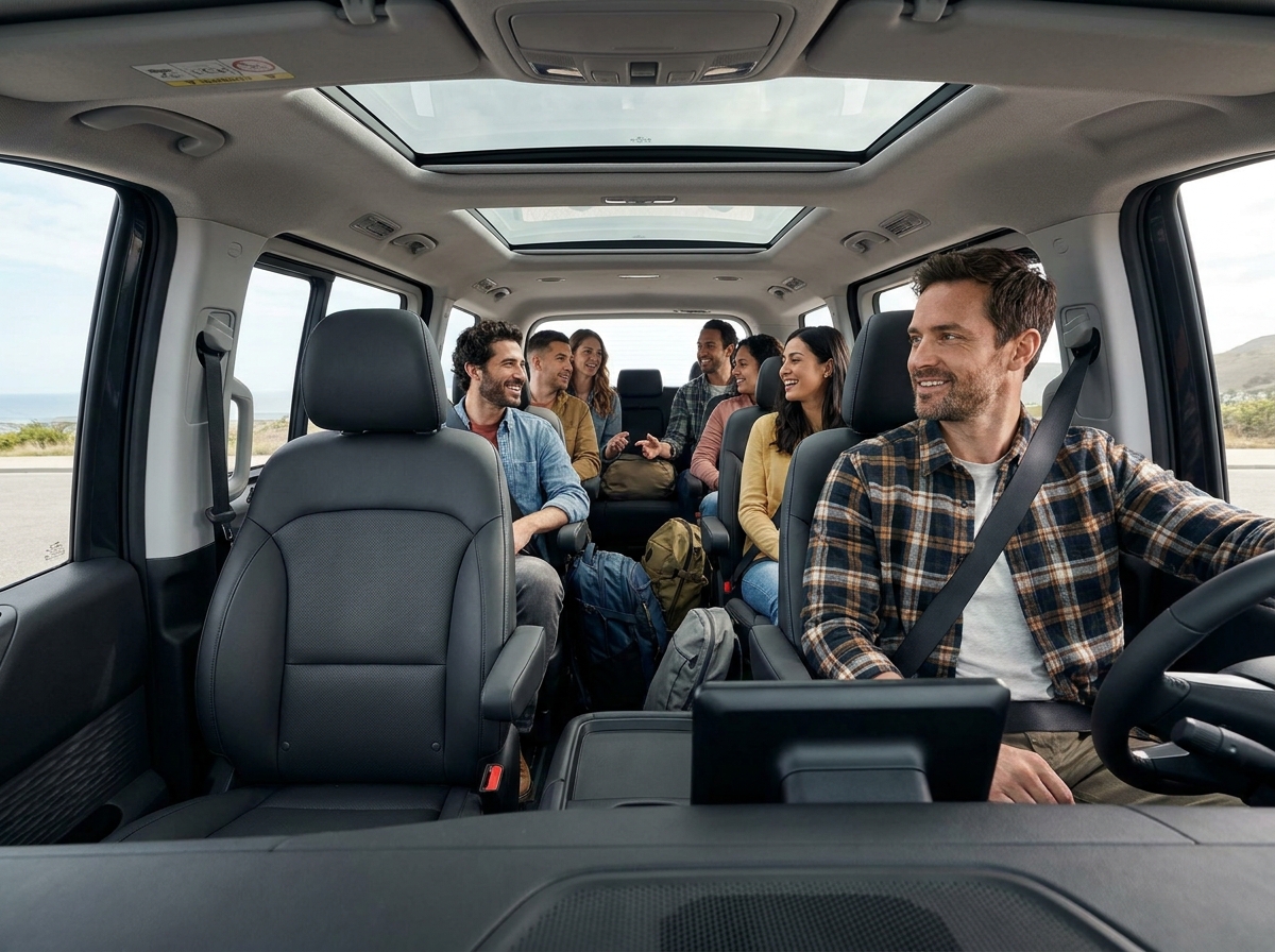 9 adults seated inside Hyundai Staria van cabin