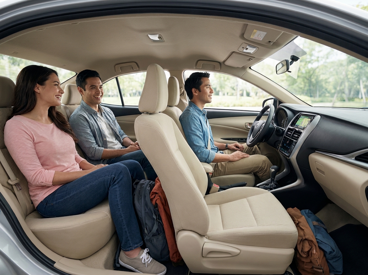 4 adults seated inside Toyota Vios cabin